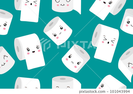Seamless pattern with cute kawaii cartoon toilet paper rolls with faces. Vector  101043994