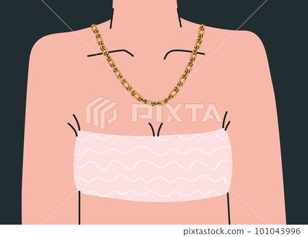 Bust of a woman wearing a strapless top. Upper female body in underwear. Female body with a chain around the neck. Vector trend illustration for design. Bust of a woman wearing a strapless top. Upper female body in underwear. Female body with a chain around the neck. Vector trend illustration for design. 101043996