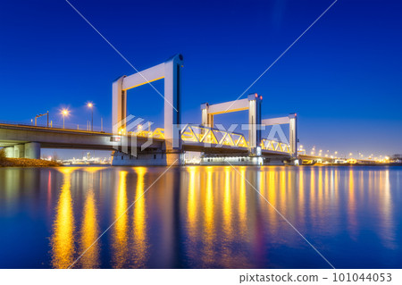 Botlek bridge, Rotterdam, Netherlands. View of the bridge at night. Road for cars 101044053