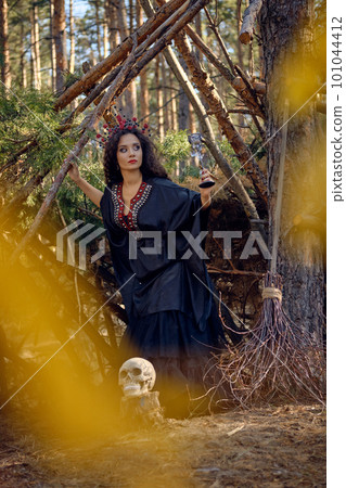Witch in black, long dress, with red crown in her long hair. Posing with broom and skull in pine forest. Spells, magic and witchcraft. Full length. 101044412