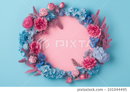 Beautiful blue and pink background with flowers and copy space. Empty space for text. Frame, backdrop. Summer, spring, blossom. Woman's or Mother's Day, Birthday. Generative AI. 101044495