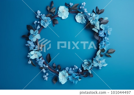 Beautiful blue background with flowers and copy space. Empty space for text. Frame, backdrop. Summer, spring, blossom. Woman's or Mother's Day, Birthday. Generative AI. 101044497