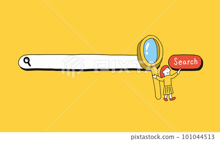 Internet search A girl holding a magnifying glass pressing the search button 101044513