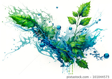 Splashing water and green leaves on white background. Watercolor effect. Nature, freshness. Generative AI. 101044573