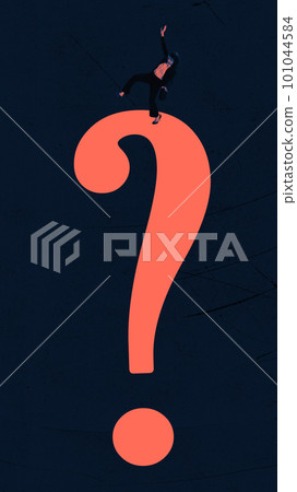 Businesswoman standing on giant question mark icon and falling down. Art collage, dark mode Businesswoman standing on giant question mark icon and falling down. Art collage, dark mode 101044584