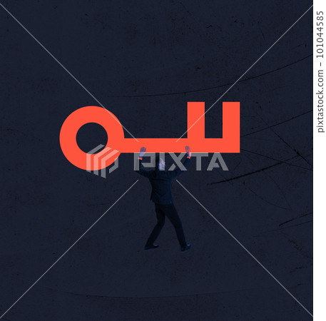 Businessman wearing suit carrying giant key with efforts. Back view. Minimalistic contemporary art collage 101044585