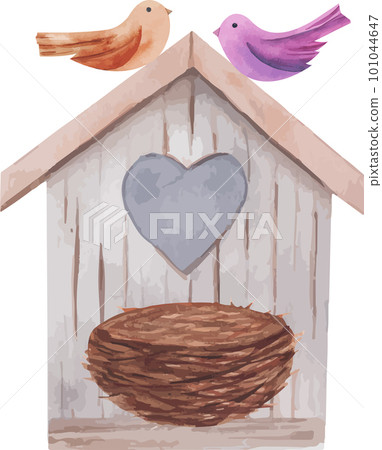 Watercolor wood birdhouse with heart, birds and Bird nest. Spring decoration. 101044647