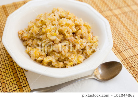 breakfast from plate with various cereal porridge for breakfast 101044862