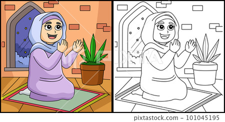 Ramadan Muslim Girl Praying Coloring Illustration Ramadan Muslim Girl Praying Coloring Illustration 101045195