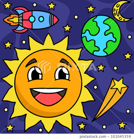 Happy Sun In Space Colored Cartoon Illustration 101045359