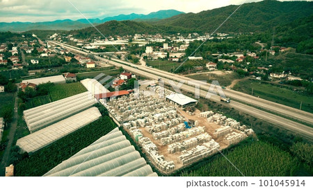 Aerial view of a tiles and natural stone flooring storage near Fethiye, Turkey 101045914