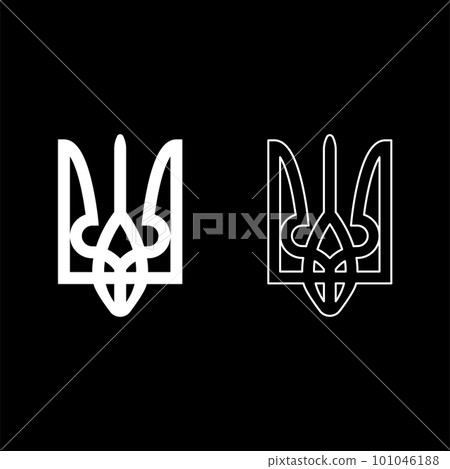 Ukraine coat of arms national emblem seal ukrainian state symbol sign trident tryzub set icon white color vector illustration image solid fill outline contour line thin flat style 101046188