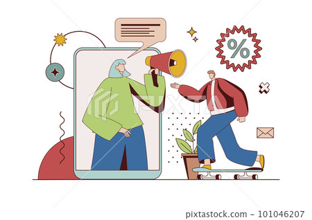 Outbound marketing concept with character situation in flat design. Woman making advertising campaign and sending promo letters for attract client. Illustration with people scene for web 101046207