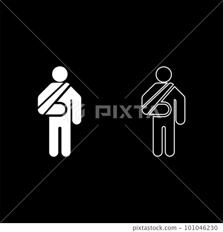 Man with broken arm hand gypsum injured stick using sticks person trauma concept elastic bandage on human immobilize support bone sling cast fracture trauma set icon white color vector illustration 101046230