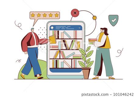 Online library concept with character situation in flat design. Man and woman read e-books and buy books online in bookstores in mobile application. Illustration with people scene for web 101046242