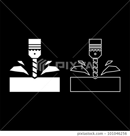Drill with cartridge material processing shavings bit stationary use set icon white color vector illustration image solid fill outline contour line thin flat style 101046256