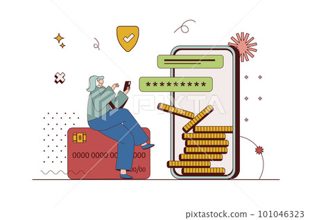 Mobile banking concept with character situation in flat design. Woman making online money transfers and secure purchase transactions using mobile app. Illustration with people scene for web 101046323