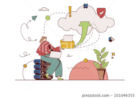 Cloud storage concept with character situation in flat design. Woman working on laptop and making backup files with online access and sending documents. Illustration with people scene for web Cloud storage concept with character situation in flat design. Woman working on laptop and making backup files with online access and sending documents. Illustration with people scene for web 101046355