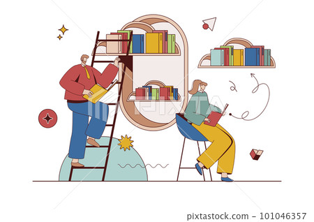 Cloud library concept with character situation in flat design. Man and woman reading online books and store files using archives with cloud technology. Illustration with people scene for web Cloud library concept with character situation in flat design. Man and woman reading online books and store files using archives with cloud technology. Illustration with people scene for web 101046357