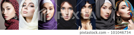collage of beautiful young woman in veil. beauty girls in hijab collage of beautiful young woman in veil. beauty girls in hijab 101046734