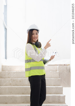 Asian Engineer working and quality check at construction site. Asian foreman construction standing at construction office 101046855