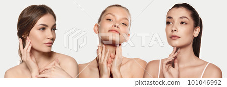 Three beautiful girl with well-kept, healthy, clear skin against white background. Collage. Cosmetology, natural cosmetics and beauty 101046992