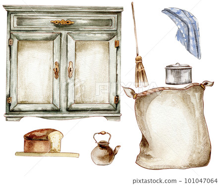 Hand drawn watercolor vintage style cupboard and home stuff. Isolated furniture for interior. Vintage interior background with furniture interior decor scene. Farmhouse kitchen, cottage illustration Hand drawn watercolor vintage style cupboard and home stuff. Isolated furniture for interior. Vintage interior background with furniture interior decor scene. Farmhouse kitchen, cottage illustration 101047064