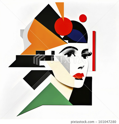 Woman face constructivism style cubism. Different geometric shapes brush stroke painting illustration 101047280