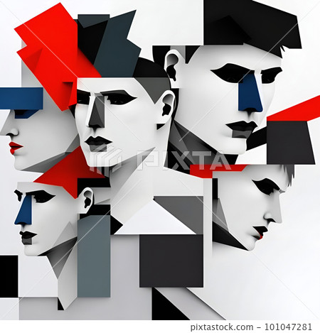 Male faces constructivism style cubism. Different geometric shapes brush stroke painting illustration 101047281