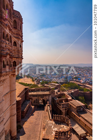 Mehrangarh Fort with Jodhpur blue city at sunset, Rajasthan, India 101047789