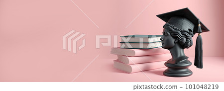 Plaster head of a woman in a traditional Graduate cap stands on academic books, pink background, minimalism. The concept of graduation from school, university, education, study Plaster head of a woman in a traditional Graduate cap stands on academic books, pink background, minimalism. The concept of graduation from school, university, education, study 101048219