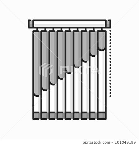 Closed office blinds with decorative print, modern jalousie outline icon. Vector venetian curtains template, roller shade sun protection blind 101049199