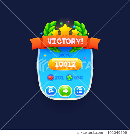 Game victory banner or popup window. Isolated vector UI menu element, award pop up screen with stars an bay leaves. Gui icon for app interface, win celebration congratulations or asset 101049206