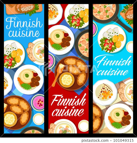 Finnish food restaurant food banners. Sausages in sauce Nakkikastike, soup Lohikeitto and rice pies, pie Kalakukko, bread cheese Leipajuusto and herring with potatoes, porridge with berries, meatballs Finnish food restaurant food banners. Sausages in sauce Nakkikastike, soup Lohikeitto and rice pies, pie Kalakukko, bread cheese Leipajuusto and herring with potatoes, porridge with berries, meatballs 101049315