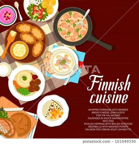 Finnish cuisine restaurant menu cover. Porridge with berries, rice pies and soup Lohikeitto, meatballs, cheese Leipajuusto and fish pie Kalakukko, herring with potatoes, sausages in sauce Nakkikastike Finnish cuisine restaurant menu cover. Porridge with berries, rice pies and soup Lohikeitto, meatballs, cheese Leipajuusto and fish pie Kalakukko, herring with potatoes, sausages in sauce Nakkikastike 101049330