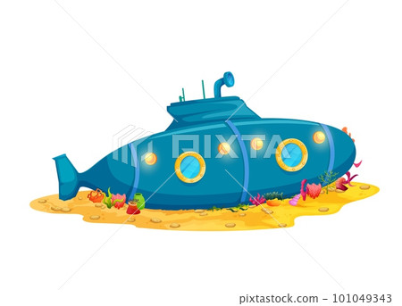 Cartoon submarine ship, underwater house building in bathyscaphe boat, vector undersea home dwelling. Underwater fantasy world shelter in sunken submarine or bathyscaphe with windows and door Cartoon submarine ship, underwater house building in bathyscaphe boat, vector undersea home dwelling. Underwater fantasy world shelter in sunken submarine or bathyscaphe with windows and door 101049343