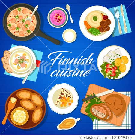Finnish cuisine food menu cover. Pickled herring with potatoes, salmon soup and meatballs, rice pies, bread cheese Leipajuusto and pie Kalakukko, porridge with berries, sausages in sauce Nakkikastike 101049352