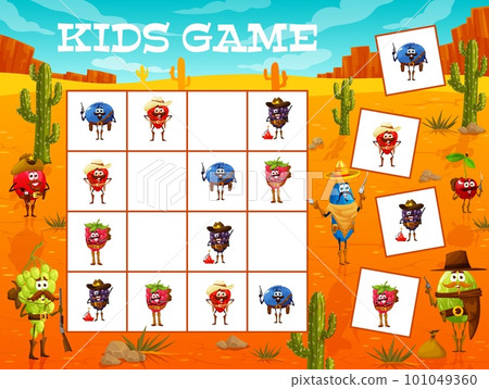 Sudoku kids game Wild west ranger, cowboy and bandit berry characters. Vector worksheet riddle, boardgame with cartoon blueberry, strawberry, honeyberry, blackberry and raspberry with gooseberry Sudoku kids game Wild west ranger, cowboy and bandit berry characters. Vector worksheet riddle, boardgame with cartoon blueberry, strawberry, honeyberry, blackberry and raspberry with gooseberry 101049360