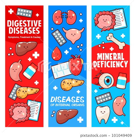 Sick human body organ characters, digestive diseases. Vector banners with heart, kidneys, gut and liver. Stomach, pancreas, eye, tooth and blood drop anatomical internal parts and bones medicine cards Sick human body organ characters, digestive diseases. Vector banners with heart, kidneys, gut and liver. Stomach, pancreas, eye, tooth and blood drop anatomical internal parts and bones medicine cards 101049409