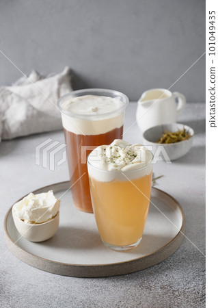 Chinese asian beverage cheese oolong and black tea with layer of cream cheese foam topped. 101049435