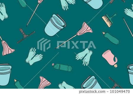 Seamless pattern. Cleaning equipment background. Vector illustration. Cleaning products in one line. Seamless pattern. Cleaning equipment background. Vector illustration. Cleaning products in one line. 101049470