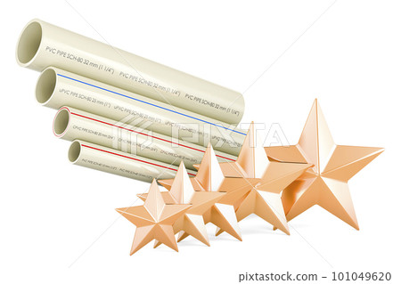 PVC pipes, composite pipe, uPVC pipe, cPVC pipe with five golden stars. Customer rating, 3D rendering 101049620