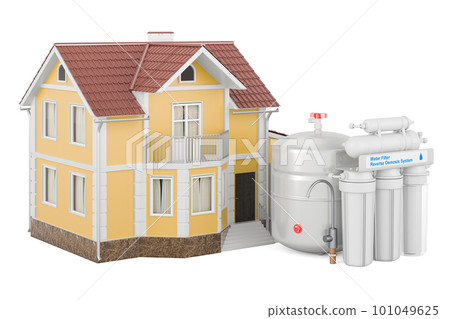 Reverse osmosis system with home, 3D rendering Reverse osmosis system with home, 3D rendering 101049625