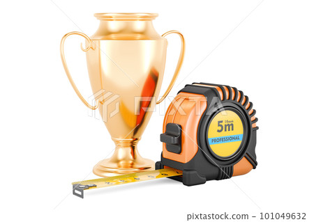 Tape measure with gold trophy cup award, 3D rendering Tape measure with gold trophy cup award, 3D rendering 101049632