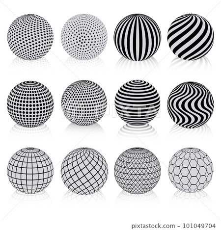 Set of minimalistic halftone spherical isolated vector symbols with decor. Striped, dotted and checkered 3d spheres, abstract spherical balls with geometric patterns. Design elements. eps 10 Set of minimalistic halftone spherical isolated vector symbols with decor. Striped, dotted and checkered 3d spheres, abstract spherical balls with geometric patterns. Design elements. eps 10 101049704
