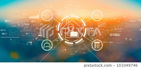 Remote Work theme with blurred city at sunset or sunrise 101049746