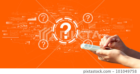 Question marks with person using a smartphone Question marks with person using a smartphone 101049758