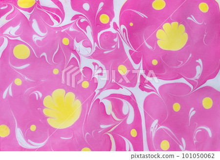 floral pattern with yellow blots and white waves on pink background 101050062