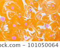 Abstract marbling ebru colorful orange background with waves and pink blots 101050064