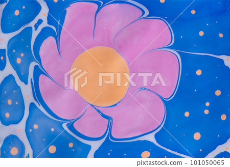 abstract pink flower on blue background with blots and tile pattern 101050065